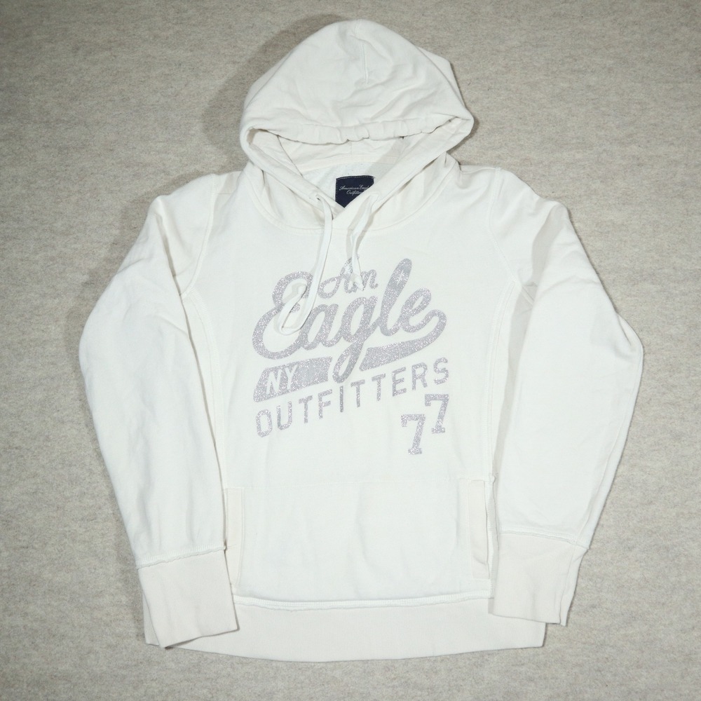 American Eagle Hoodie Womens L White Glitter Logo Pullover Y2K Fall Essential